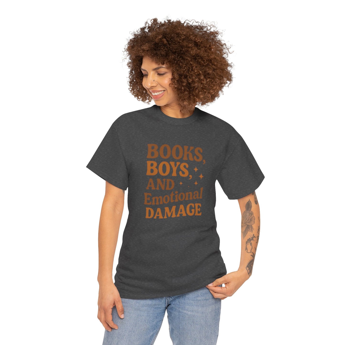 Books, Boys & Emotional Damage Tee - Fun Unisex Cotton T-Shirt, Gift for Book Lovers, Casual Wear, Relationship Humor, Literary Gift