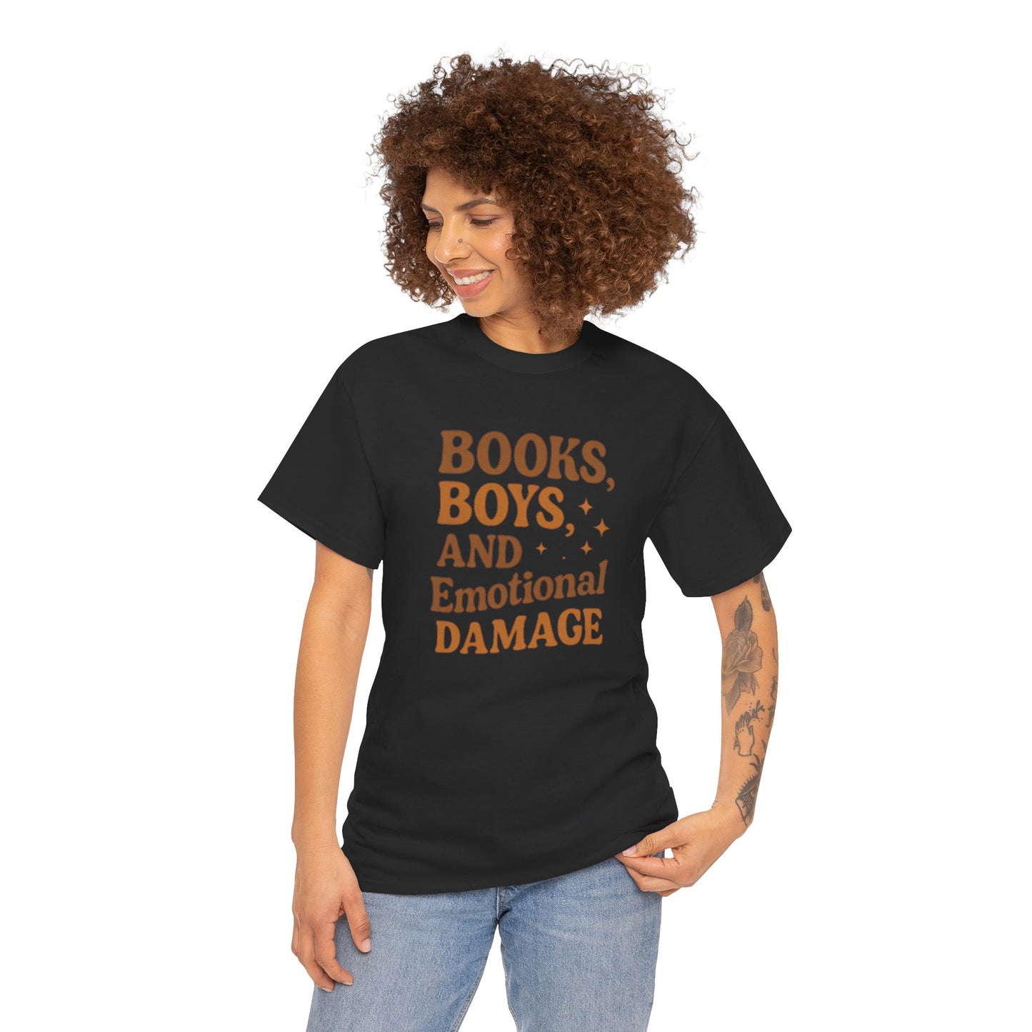 Books, Boys & Emotional Damage Tee - Fun Unisex Cotton T-Shirt, Gift for Book Lovers, Casual Wear, Relationship Humor, Literary Gift