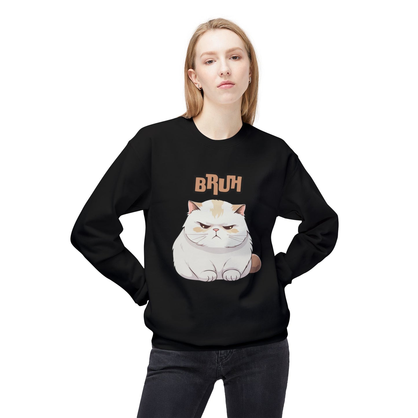 Cat Lover's 'Bruh' Fleece Sweatshirt, Cozy Crewneck for Cat Fans, Funny Gift for Pet Lovers, Relaxed Style for Everyday Wear