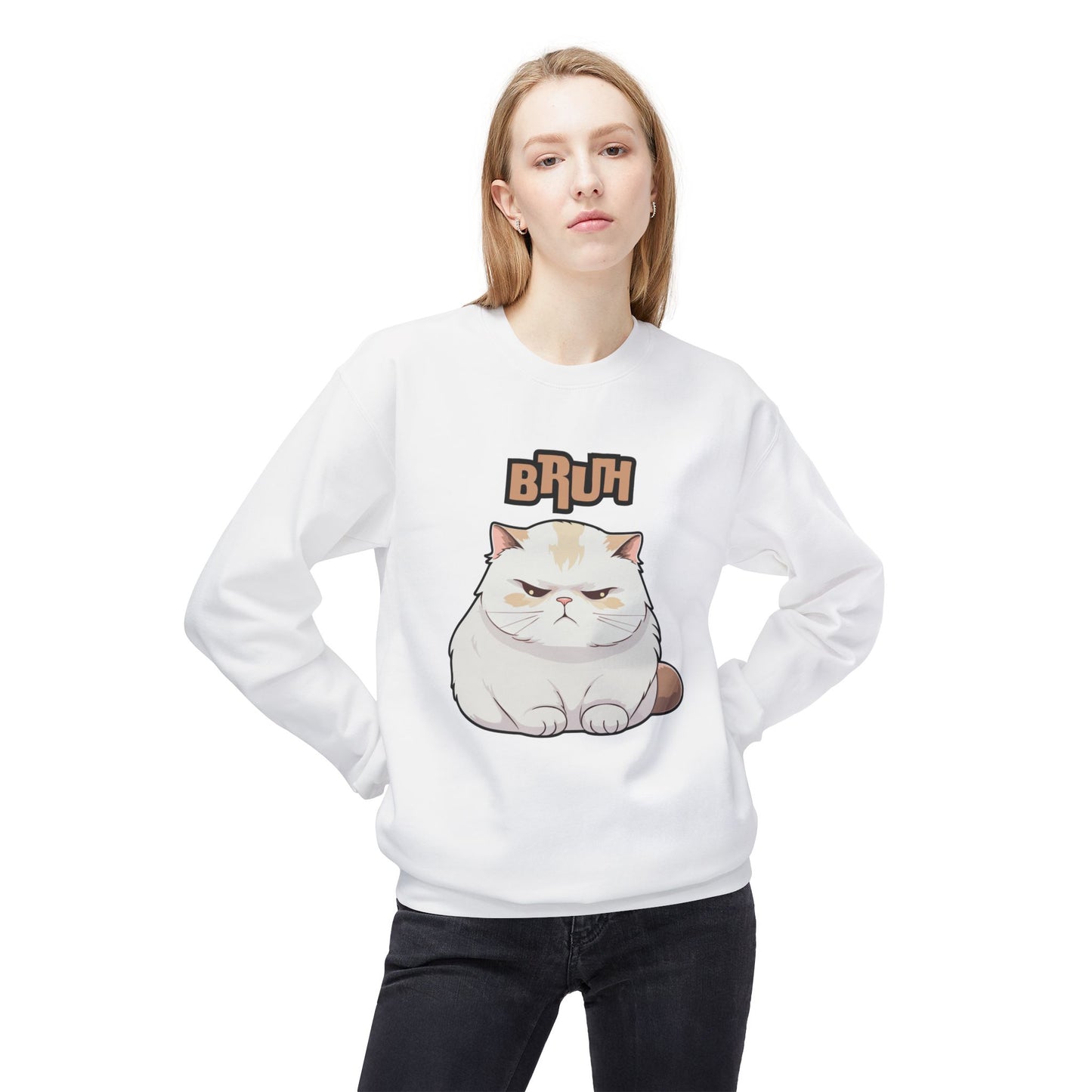 Cat Lover's 'Bruh' Fleece Sweatshirt, Cozy Crewneck for Cat Fans, Funny Gift for Pet Lovers, Relaxed Style for Everyday Wear