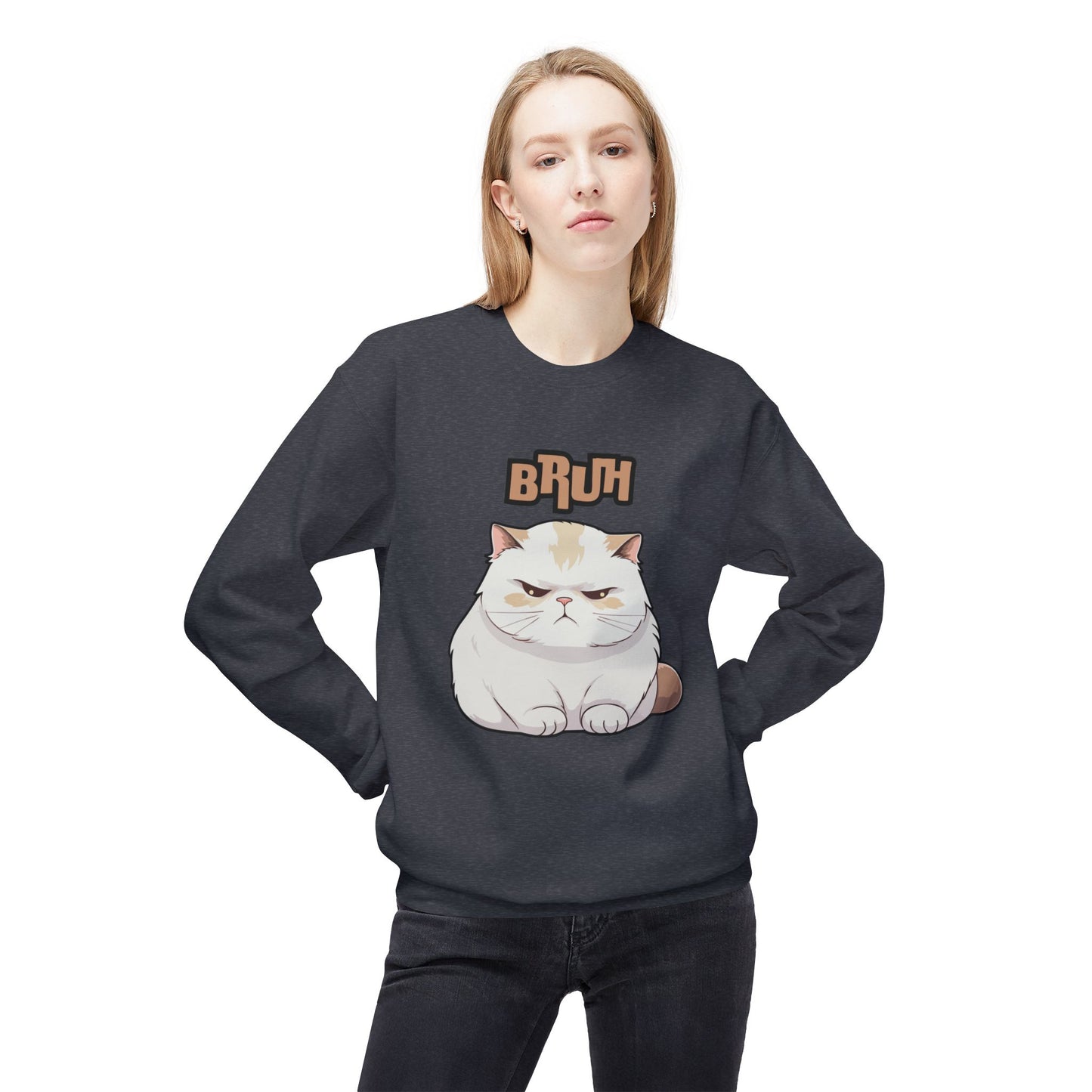 Cat Lover's 'Bruh' Fleece Sweatshirt, Cozy Crewneck for Cat Fans, Funny Gift for Pet Lovers, Relaxed Style for Everyday Wear