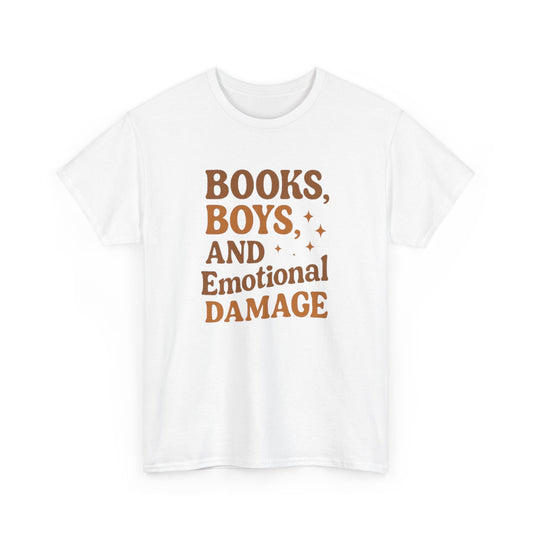 Books, Boys & Emotional Damage Tee - Fun Unisex Cotton T-Shirt, Gift for Book Lovers, Casual Wear, Relationship Humor, Literary Gift