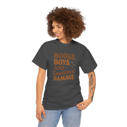 Books, Boys & Emotional Damage Tee - Fun Unisex Cotton T-Shirt, Gift for Book Lovers, Casual Wear, Relationship Humor, Literary Gift
