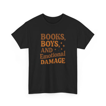 Books, Boys & Emotional Damage Tee - Fun Unisex Cotton T-Shirt, Gift for Book Lovers, Casual Wear, Relationship Humor, Literary Gift