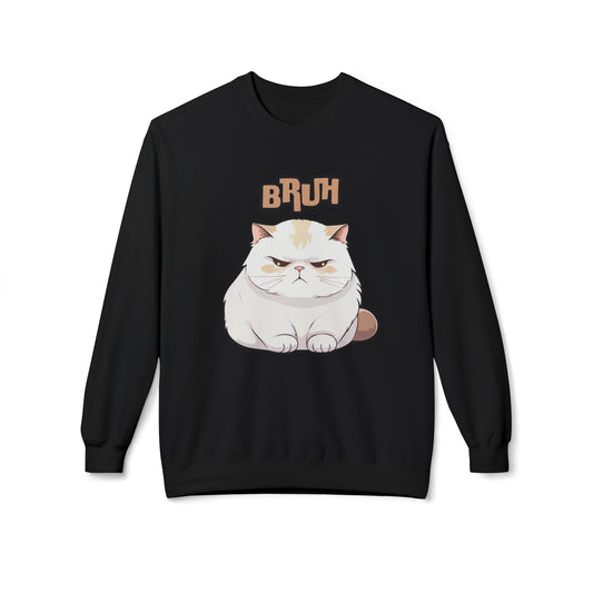 Cat Lover's 'Bruh' Fleece Sweatshirt, Cozy Crewneck for Cat Fans, Funny Gift for Pet Lovers, Relaxed Style for Everyday Wear
