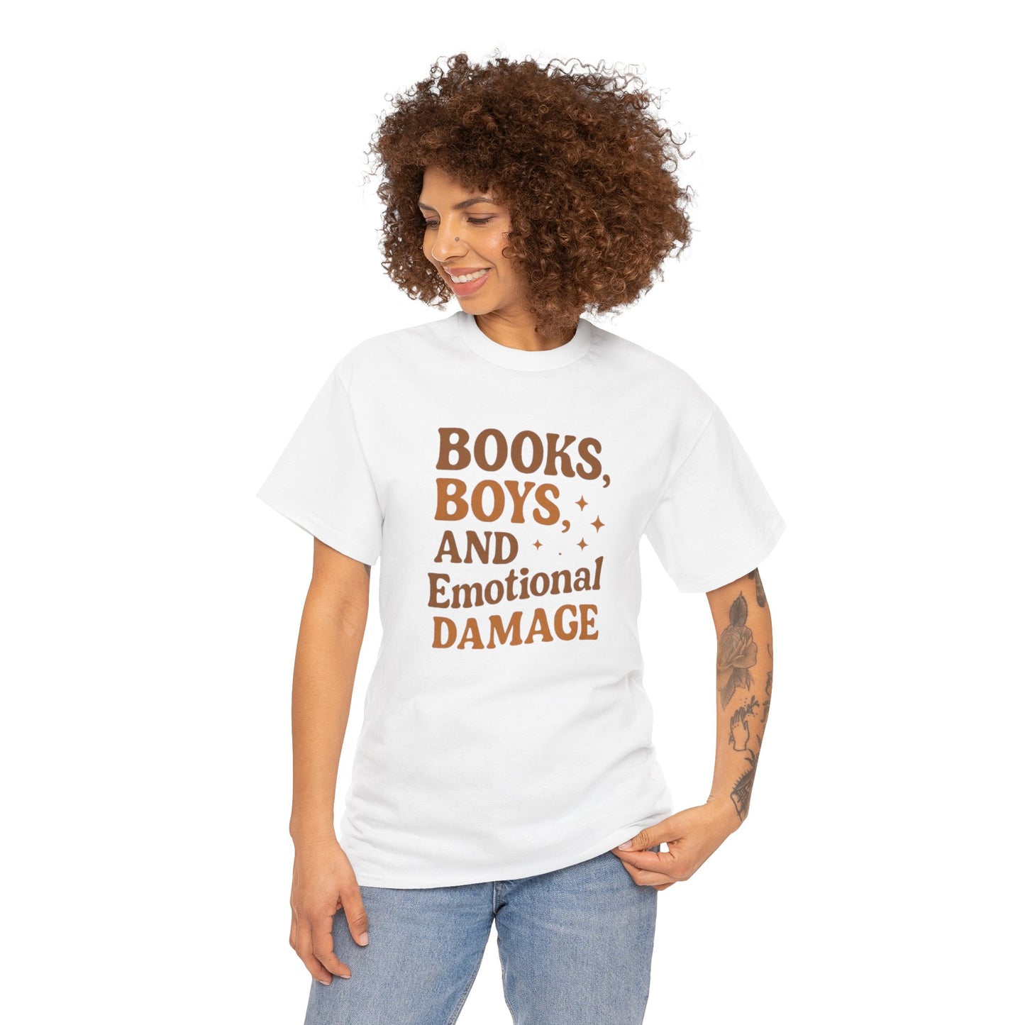 Books, Boys & Emotional Damage Tee - Fun Unisex Cotton T-Shirt, Gift for Book Lovers, Casual Wear, Relationship Humor, Literary Gift