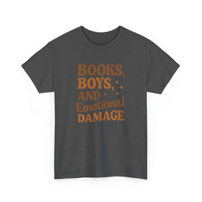 Books, Boys & Emotional Damage Tee - Fun Unisex Cotton T-Shirt, Gift for Book Lovers, Casual Wear, Relationship Humor, Literary Gift